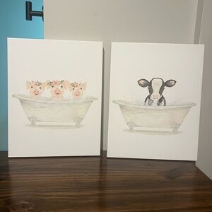 Farm Animal Bathtub Wall Art Set - Pigs & Cow in Pastel Tubs